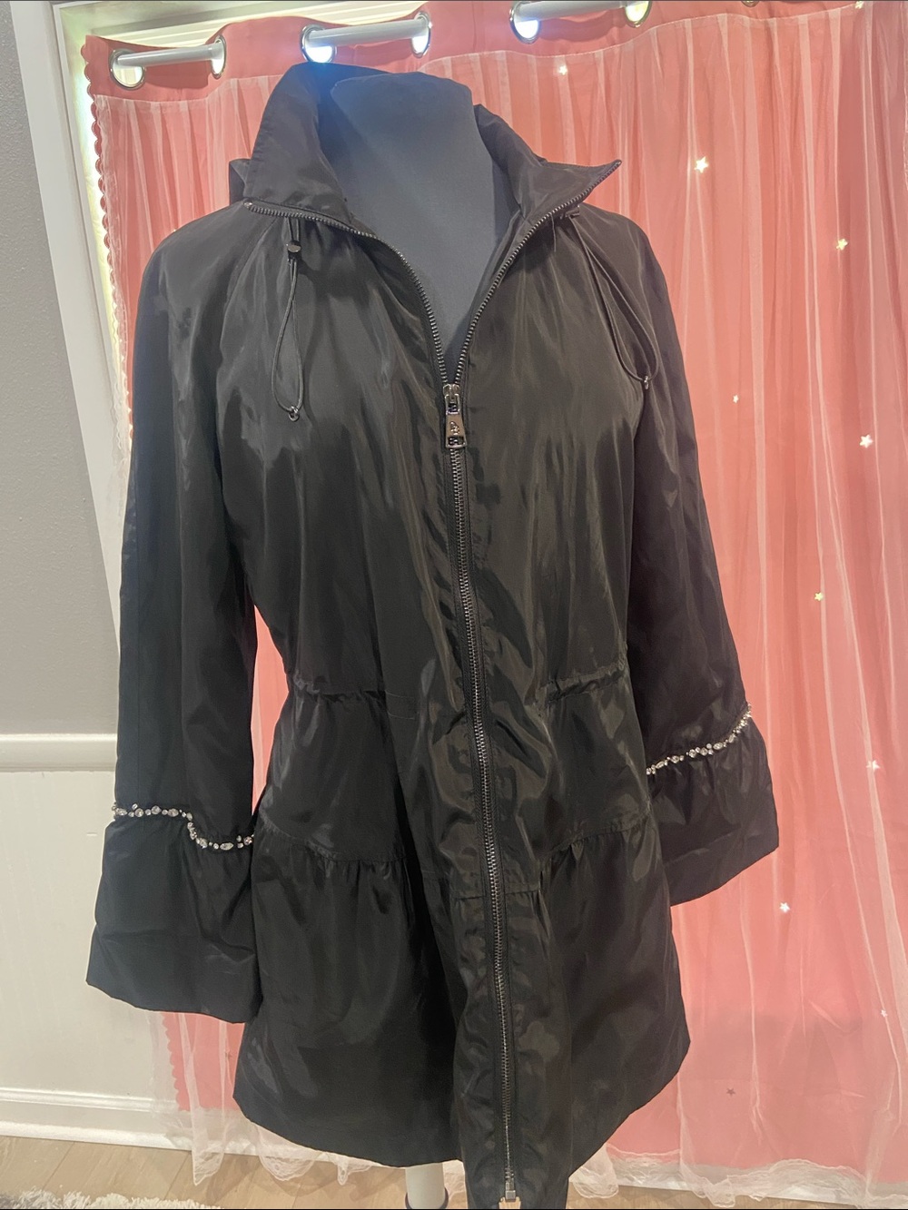 dennis basso Black Zip-Front Ruffle Hem Utility Jacket shirt size XXS